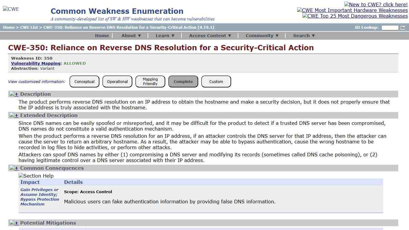 CWE - CWE-350: Reliance on Reverse DNS Resolution for a Security-Critical Action (4.19.1)